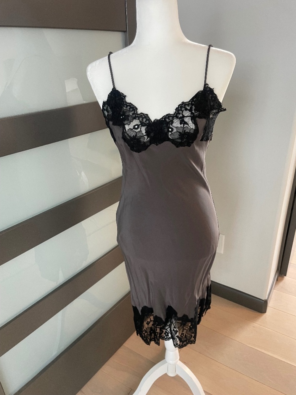 Gold Hawk Silk Lace Trim Slip Dress Taupe Gray Black